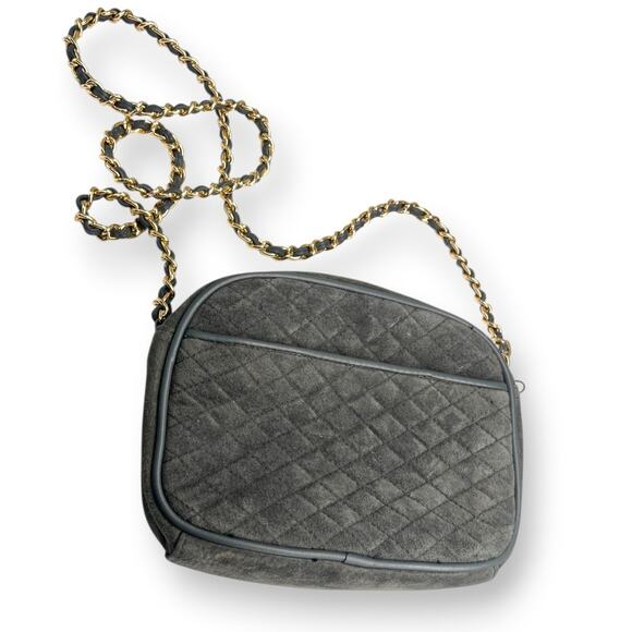 Newport News Handbags - Vintage 90's Newport News Purse Bag Crossbody Grey Suede Quilted Gold Chain Lux